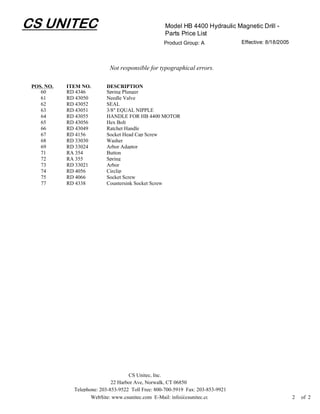 CS UNITEC                                           Model HB 4400 Hydraulic Magnetic Drill -
                                                    Parts Price List
                                                    Product Group: A              Effective: 8/18/2005



                             Not responsible for typographical errors.

 POS. NO.   ITEM NO.       DESCRIPTION
    60      RD 4346        Spring Plunger
    61      RD 43050       Needle Valve
    62      RD 43052       SEAL
    63      RD 43051       3/8" EQUAL NIPPLE
    64      RD 43055       HANDLE FOR HB 4400 MOTOR
    65      RD 43056       Hex Bolt
    66      RD 43049       Ratchet Handle
    67      RD 4156        Socket Head Cap Screw
    68      RD 33030       Washer
    69      RD 33024       Arbor Adaptor
    71      RA 354         Button
    72      RA 355         Spring
    73      RD 33021       Arbor
    74      RD 4056        Circlip
    75      RD 4066        Socket Screw
    77      RD 4338        Countersink Socket Screw




                                     CS Unitec, Inc.
                              22 Harbor Ave, Norwalk, CT 06850
              Telephone: 203-853-9522 Toll Free: 800-700-5919 Fax: 203-853-9921
                     WebSite: www.csunitec.com E-Mail: info@csunitec.co                                  2   of 2
 