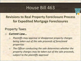 House Bill 463
Revisions to Real Property Foreclosure Process
for Expedited Mortgage Foreclosures
Property Taxes
o Current Law
o Plaintiffs may approve or disapprove property charges
being taken out of the sale proceeds of foreclosed
properties
o The Officer conducting the sale determines whether the
property charges may be taken out of the sale proceeds,
subject to the plaintiffs approval
 