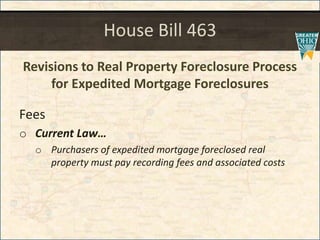 House Bill 463
Revisions to Real Property Foreclosure Process
for Expedited Mortgage Foreclosures
Fees
o Current Law
o Purchasers of expedited mortgage foreclosed real
property must pay recording fees and associated costs
 