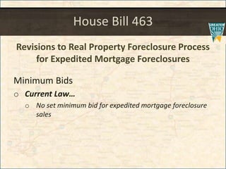 House Bill 463
Revisions to Real Property Foreclosure Process
for Expedited Mortgage Foreclosures
Minimum Bids
o Current Law
o No set minimum bid for expedited mortgage foreclosure
sales
 
