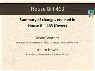 House Bill 463
Summary of changes enacted in
House Bill 463 (Dever)
Jason Warner
Manager of Government Affairs, Greater Ohio Policy Center
Adam Hewit
President, Government Solutions Group
 