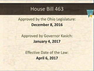 House Bill 463
Approved by the Ohio Legislature:
December 8, 2016
Approved by Governor Kasich:
January 4, 2017
Effective Date of the Law:
April 6, 2017
 