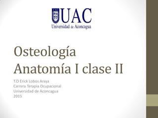 Osteología
Anatomía I clase II
T.O Erick Lobos Araya
Carrera Terapia Ocupacional
Universidad de Aconcagua
2015
 