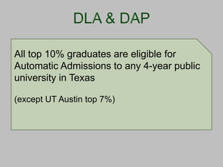 All top 10% graduates are eligible for
Automatic Admissions to any 4-year public
university in Texas
(except UT Austin top 7%)

 