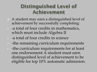 







A student may earn a distinguished level of
achievement by successfully completing:

-a total of four credits in mathematics,
which must include Algebra II
-a total of four credits in science
-the remaining curriculum requirements
-the curriculum requirements for at least
one endorsement A student must earn
distinguished level of achievement to be
eligible for top 10% automatic admission.

 