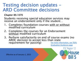 Testing decision updates –
ARD Committee decisions
Chapter 89.1070
Students receiving special education services may receive an
endorsement only if the student…
1. Completes foundation courses with or without modified curriculum
2. Completes the courses for an Endorsement without modified
curriculum
3. Perform satisfactorily on end of course exams (no ARDC decision to
accept less than state requirement for passing)
Effective as of January 1, 2015
For more information, see TEA’s 
Graduation Guidance page
 