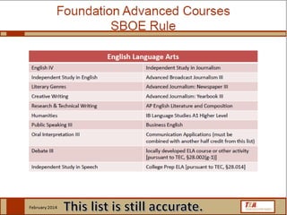 Scope and Sequence
• English I, II and III required
• ESOL I and II may substitute for students at Intermediate
level on TELPAS for English I and II – they still take same
EOC exam
• Fourth credit from one full or two half credits from the list
of advanced courses
• Consider if your district uses Communication Applications
– it is on advanced list
ELA/R 
 