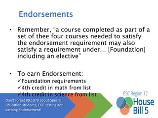 Endorsements
• Specified in writing by student when entering 9th grade
• Must have 4 math and 4 science for all Endorsements
• Minimum 26 credits (remember your 5 electives help with
Endorsement requirements)
• More than one track before junior year (does not entitle
enrollment over 26 credits)
• May change at any time
• School districts decide the coherent sequence for
Endorsement (must follow prerequisites)
 