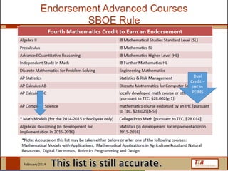 Endorsements
• Remember, “a course completed as part of a set of thee
four courses needed to satisfy the endorsement
requirement may also satisfy a requirement under…
[Foundation] including an elective”
• To earn Endorsement:
Foundation requirements
4th credit in math from list
4th credit in science from list
Don’t forget 89.1070 about Special 
Education students, EOC testing and 
earning Endorsement!
 
