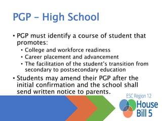 Personal Graduation Plans –
High School
• Each high school must designate staff to review
graduation plans with each student entering 9th grade
and the student’s parent/guardian
• Graduation options reviewed must include the
distinguished level of achievement and endorsements
• Student and parent must “confirm and sign” graduation
plan by the end of the 9th grade year
Source: TEA
TEC 28.02121(c)
 