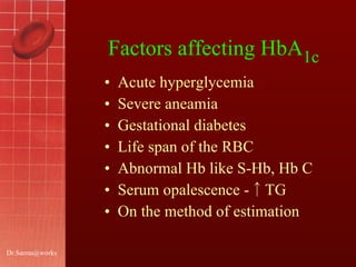 Factors affecting HbA 1c Acute hyperglycemia Severe aneamia Gestational diabetes Life span of the RBC Abnormal Hb like S-Hb, Hb C Serum opalescence - ↑ TG On the method of estimation [email_address] 