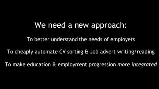 We need a new approach:
To better understand the needs of employers
To cheaply automate CV sorting & Job advert writing/reading
To make education & employment progression more integrated
 