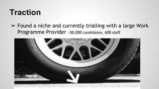 Traction
➢ Found a niche and currently trialling with a large Work
Programme Provider ~50,000 candidates, 600 staff
 