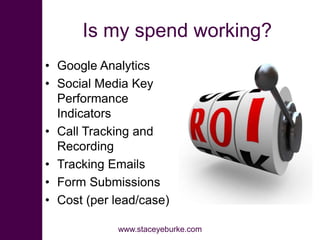 Is my spend working?
• Google Analytics
• Social Media Key
Performance
Indicators
• Call Tracking and
Recording
• Tracking...