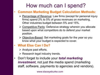 How much can I spend?
• Common Marketing Budget Calculation Methods:
 Percentage of Revenue: Law firms (except for person...