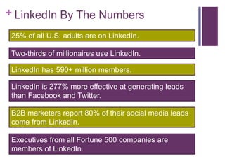 + LinkedIn By The Numbers
LinkedIn has 590+ million members.
Two-thirds of millionaires use LinkedIn.
25% of all U.S. adul...