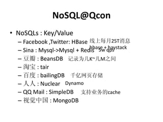 NoSQL@Qcon
• NoSQLs : Key/Value
  – Facebook ,Twitter: HBase 线上每月25T消息
                             hbase + haystack
  – Sina : Mysql->Mysql + Redis 5w qps
  – 豆瓣 : BeansDB 记录为几K~几M之间
  – 淘宝 : tair
  – 百度 : bailingDB 千亿网页存储
  – 人人 : Nuclear Dynamo
  – QQ Mail : SimpleDB 支持业务的cache
  – 视觉中国 : MongoDB
 