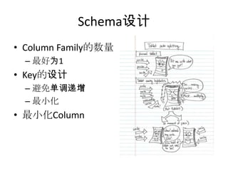 Schema设计
• Column Family的数量
  – 最好为1
• Key的设计
  – 避免单调递增
  – 最小化
• 最小化Column
 
