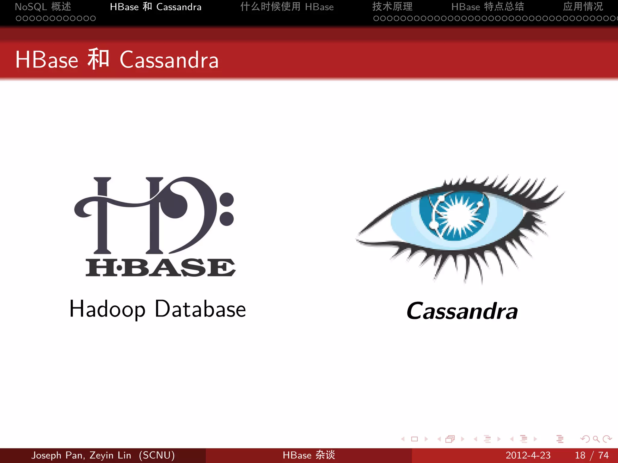 NoSQL 概述         HBase 和 Cassandra   什么时候使用 HBase    技术原理       HBase 特点总结       应用情况
............                                         .....................................



HBase 和 Cassandra




         Hadoop Database                                    Cassandra




                                                        .     .    .     .     .    .

  Joseph Pan, Zeyin Lin (SCNU)            HBase 杂谈                      2012-4-23   18 / 74
 
