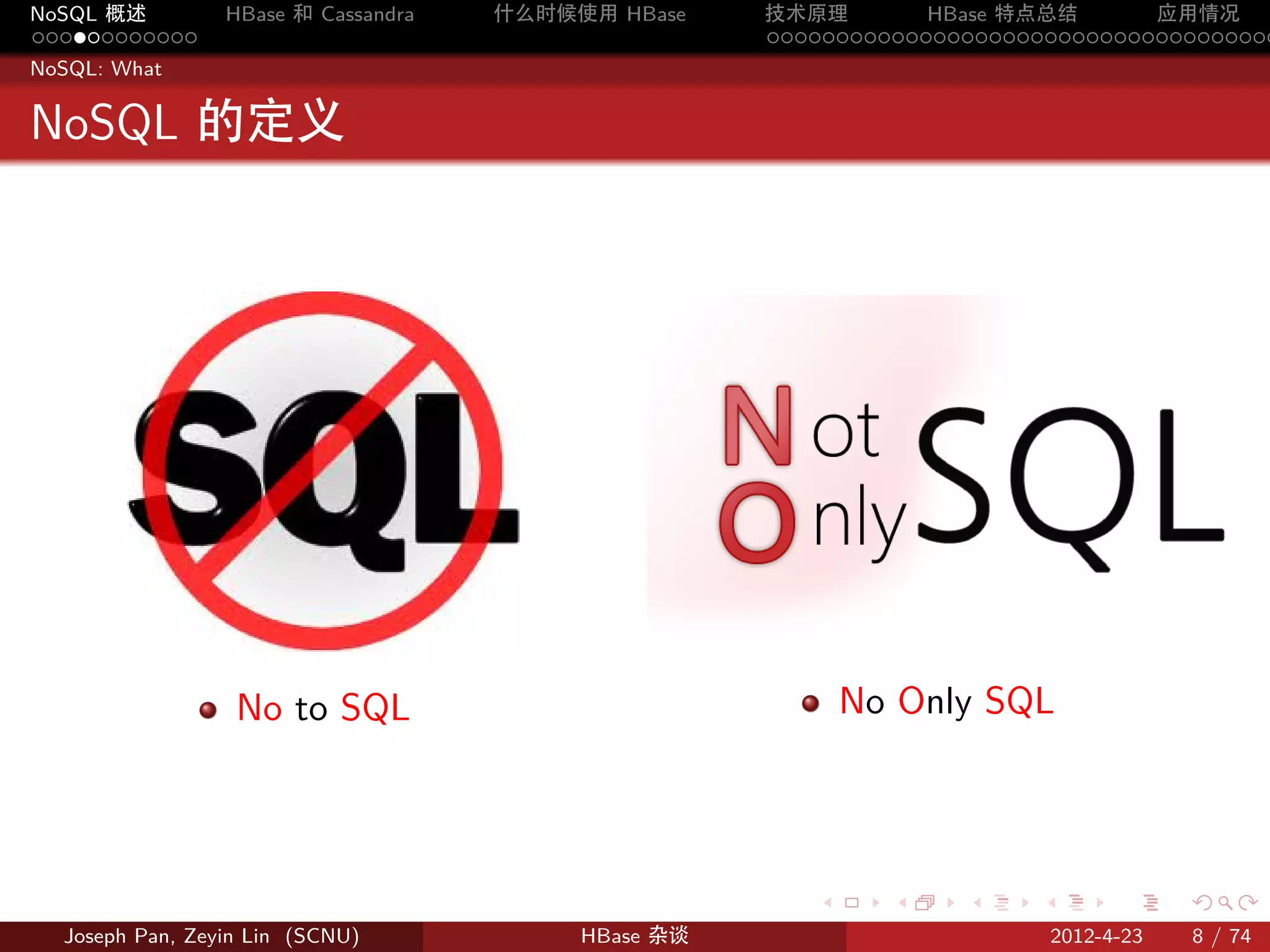 NoSQL 概述         HBase 和 Cassandra   什么时候使用 HBase    技术原理       HBase 特点总结       应用情况
............                                         .....................................
NoSQL: What


NoSQL 的定义




                  No to SQL                                 No Only SQL




                                                        .     .    .     .         .     .

  Joseph Pan, Zeyin Lin (SCNU)            HBase 杂谈                           2012-4-23   8 / 74
 