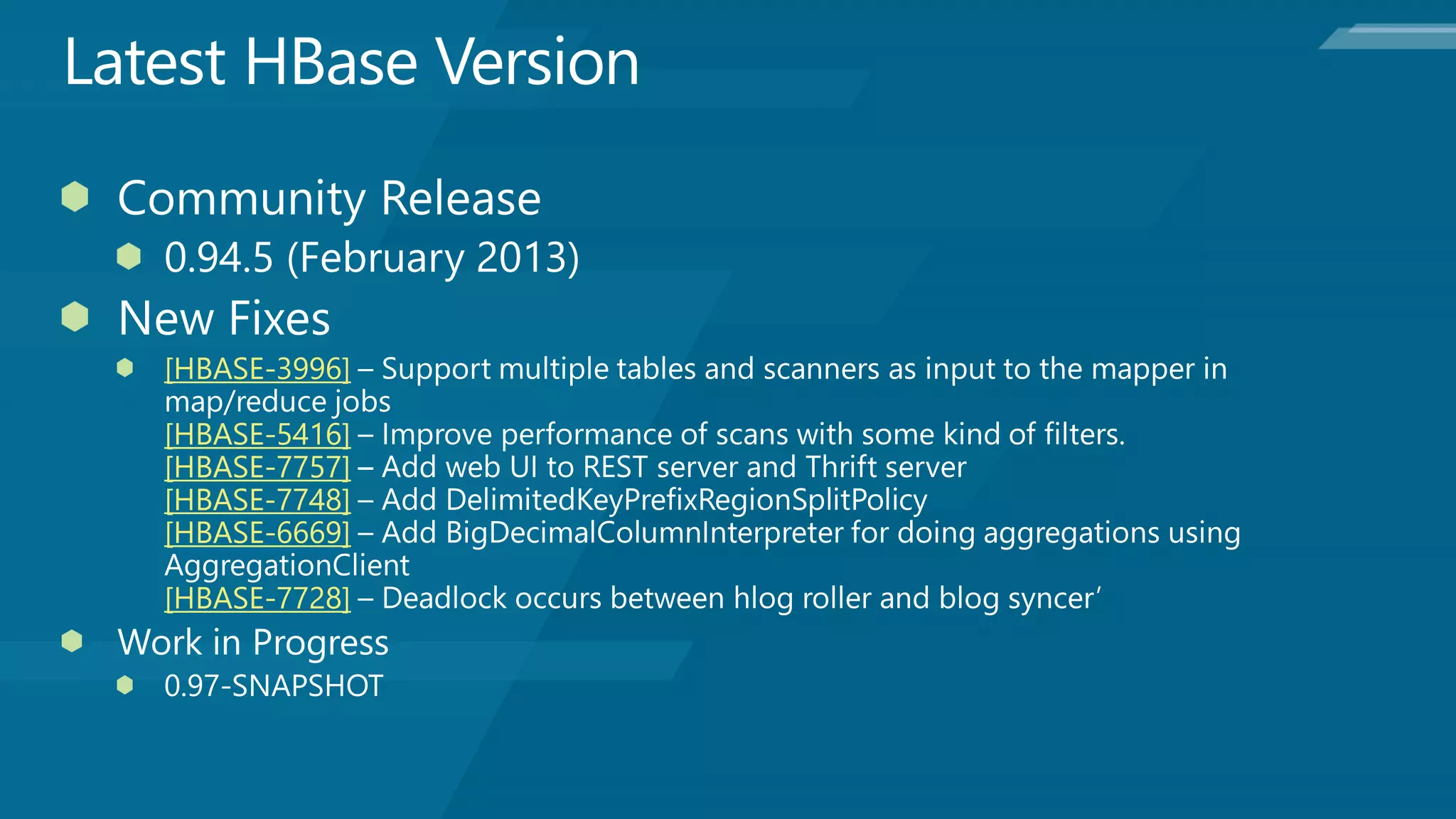 [HBASE-3996]

[HBASE-5416]
[HBASE-7757]
[HBASE-7748]
[HBASE-6669]

[HBASE-7728]
 