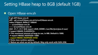$ git diff hbase-env.sh
diff --git a/conf/hbase-env.sh b/conf/hbase-env.sh
index e70ebc6..96f8c27 100644
--- a/conf/hbase-env.sh
+++ b/conf/hbase-env.sh
@@ -31,7 +31,7 @@ export JAVA_HOME=/usr/lib//jvm/java-6-sun/
# export HBASE_CLASSPATH=
# The maximum amount of heap to use, in MB. Default is 1000.
-# export HBASE_HEAPSIZE=1000
+export HBASE_HEAPSIZE=8192
# Extra Java runtime options.
# Below are what we set by default. May only work with SUN JVM.
 