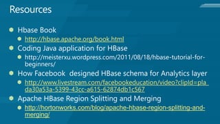 http://hbase.apache.org/book.html




http://www.livestream.com/facebookeducation/video?clipId=pla_
da30a53a-5399-43cc-a615-62874db1c567

http://hortonworks.com/blog/apache-hbase-region-splitting-and-
merging/
 