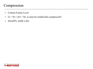 Compression
• Column Family Level
• Ct + Nt < nCt + Nt, so must be sended after compressed!!
• SNAPPY, GZIP, LZO
 