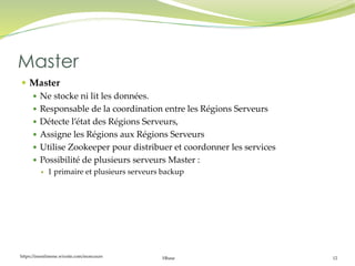 https://inesslimene.wixsite.com/moncours Hbase 12
 Master
 Ne stocke ni lit les données.
 Responsable de la coordination entre les Régions Serveurs
 Détecte l’état des Régions Serveurs,
 Assigne les Régions aux Régions Serveurs
 Utilise Zookeeper pour distribuer et coordonner les services
 Possibilité de plusieurs serveurs Master :
 1 primaire et plusieurs serveurs backup
Master
 