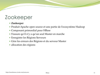 https://inesslimene.wixsite.com/moncours Hbase 13
 Zookeeper
 Produit Apache open source et une partie de l’ecosystème Hadoop
 Composant primordial pour HBase
 S’assure qu’il n’y a qu’un seul Master en marche
 Enregistre les Régions Serveurs
 Gère les erreurs des Régions et du serveur Master
 allocation des régions
Zookeeper
 