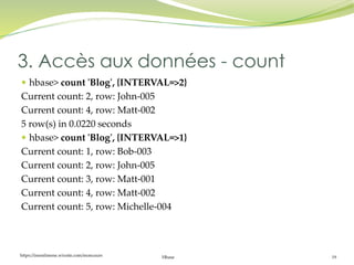 https://inesslimene.wixsite.com/moncours Hbase 19
 hbase> count 'Blog', {INTERVAL=>2}
Current count: 2, row: John-005
Current count: 4, row: Matt-002
5 row(s) in 0.0220 seconds
 hbase> count 'Blog', {INTERVAL=>1}
Current count: 1, row: Bob-003
Current count: 2, row: John-005
Current count: 3, row: Matt-001
Current count: 4, row: Matt-002
Current count: 5, row: Michelle-004
3. Accès aux données - count
 