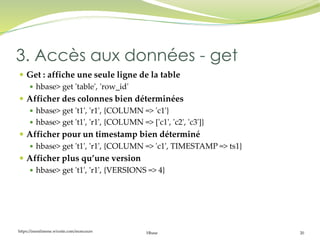 https://inesslimene.wixsite.com/moncours Hbase 20
 Get : affiche une seule ligne de la table
 hbase> get 'table', 'row_id'
 Afficher des colonnes bien déterminées
 hbase> get 't1', 'r1', {COLUMN => 'c1'}
 hbase> get 't1', 'r1', {COLUMN => ['c1', 'c2', 'c3']}
 Afficher pour un timestamp bien déterminé
 hbase> get 't1', 'r1', {COLUMN => 'c1', TIMESTAMP => ts1}
 Afficher plus qu’une version
 hbase> get 't1', 'r1', {VERSIONS => 4}
3. Accès aux données - get
 