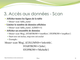 https://inesslimene.wixsite.com/moncours Hbase 22
 Afficher toutes les lignes de la table
 hbase> scan 'table_name'
 Limiter le nombre de données affichées
 hbase> scan 'table_name', {LIMIT=>1}
 Afficher un ensemble de données
 hbase> scan 'Blog', {STARTROW=>'startRow', STOPROW=>'stopRow'}
 Start row est inclus, stop row est exclut
 Exemple :
hbase> scan 'Blog', {COLUMNS=>'info:title',
STARTROW=>'John',
STOPROW=>'Michelle'}
3. Accès aux données - Scan
 