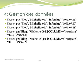 https://inesslimene.wixsite.com/moncours Hbase 24
 hbase> put 'Blog', 'Michelle-004', 'info:date', '1990.07.06'
 hbase> put 'Blog', 'Michelle-004', 'info:date', '1990.07.07'
 hbase> put 'Blog', 'Michelle-004', 'info:date', '1990.07.08'
 hbase> get 'Blog', 'Michelle-004',{COLUMN=>'info:date',
VERSIONS=>3}
 hbase> get 'Blog', 'Michelle-004',{COLUMN=>'info:date',
VERSIONS=>2}
4: Gestion des données
 