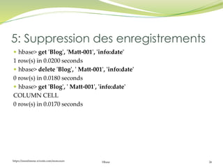 https://inesslimene.wixsite.com/moncours Hbase 26
 hbase> get 'Blog', 'Matt-001', 'info:date'
1 row(s) in 0.0200 seconds
 hbase> delete 'Blog', ' Matt-001', 'info:date'
0 row(s) in 0.0180 seconds
 hbase> get 'Blog', ' Matt-001', 'info:date'
COLUMN CELL
0 row(s) in 0.0170 seconds
5: Suppression des enregistrements
 