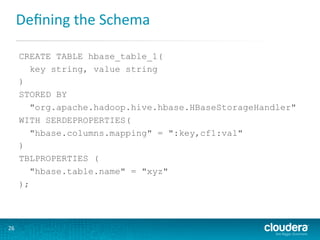 Deﬁning	
  the	
  Schema	
  
CREATE TABLE hbase_table_1(
key string, value string
)
STORED BY
"org.apache.hadoop.hive.hbase.HBaseStorageHandler"
WITH SERDEPROPERTIES(
"hbase.columns.mapping" = ":key,cf1:val"
)
TBLPROPERTIES (
"hbase.table.name" = "xyz"
);

26	
  

 
