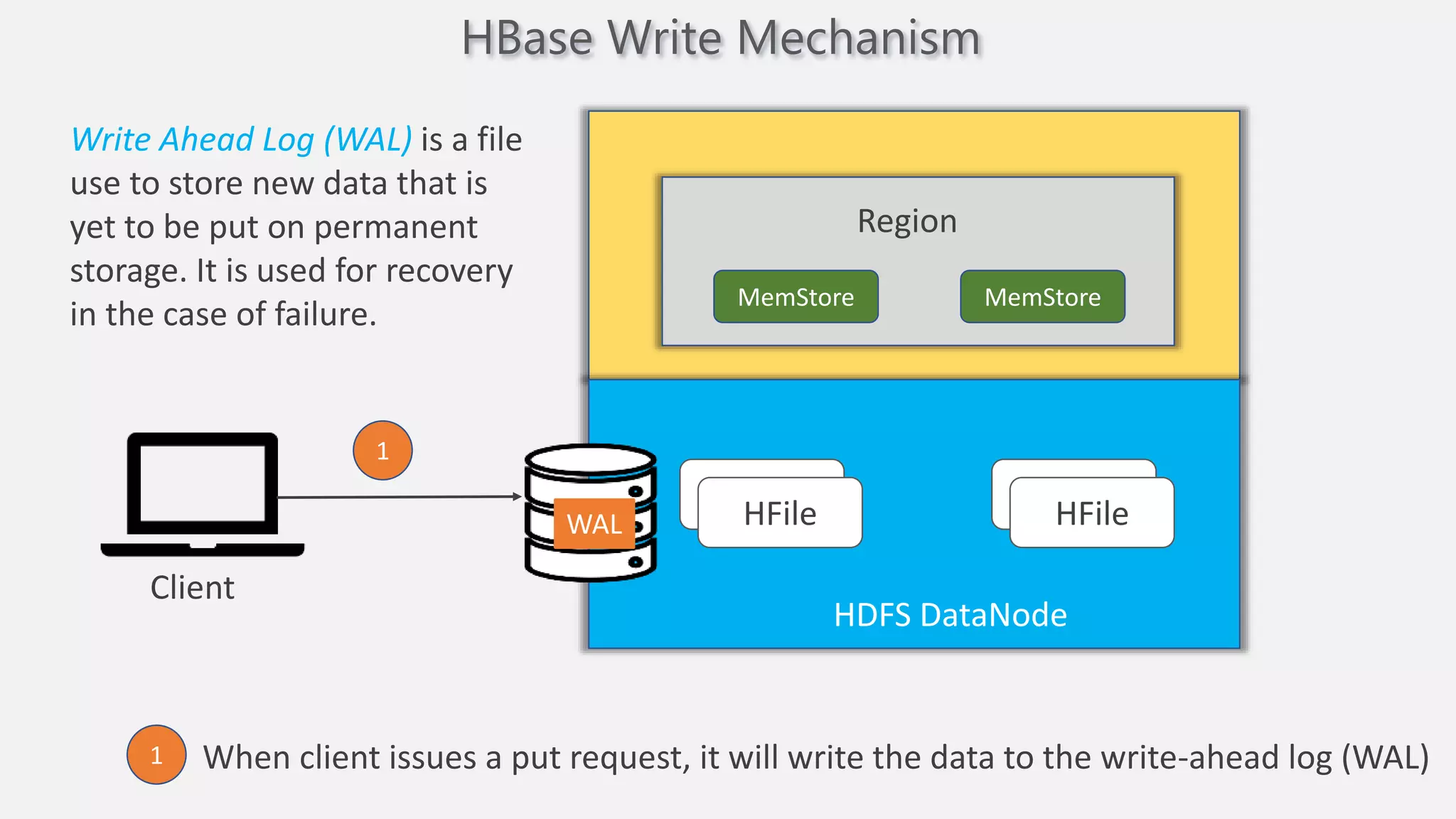 HBase Write Mechanism
MemStore MemStore
Region
HFile
HFile
HFile
HFile
WAL
HDFS DataNode
Client
When client issues a put request, it will write the data to the write-ahead log (WAL)
1
1
Write Ahead Log (WAL) is a file
use to store new data that is
yet to be put on permanent
storage. It is used for recovery
in the case of failure.
 