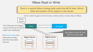 HBase Read or Write
Region Server
DataNode
Region Server
DataNode
Client ZooKeeper
There is a special HBase Catalog table called the META table, Which
holds the location of the regions in the cluster
Here is what happens the first time a client reads or writes data to HBase
The client gets the Region
Server that hosts the META
table from ZooKeeper
Get region server for row
key from meta table
Meta
Cache
The client caches this
information along
with the meta table
location
 