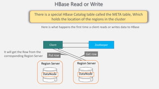 HBase Read or Write
Region Server
DataNode
Region Server
DataNode
Client ZooKeeper
There is a special HBase Catalog table called the META table, Which
holds the location of the regions in the cluster
Here is what happens the first time a client reads or writes data to HBase
It will get the Row from the
corresponding Region Server
Get row
Put row
 
