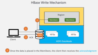HBase Write Mechanism
MemStore MemStore
Region
HFile
HFile
HFile
HFile
WAL
HDFS DataNode
Client
Once the data is placed in the MemStore, the client then receives the acknowledgment
3
1
2
3 ACK
 