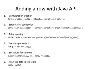 Adding a row with Java API
1. Configuration creation
Configuration config = HBaseConfiguration.create();
2. Establishing connection
Connection connection = ConnectionFactory.createConnection(config);
3. Table opening
Table table = connection.getTable(TableName.valueOf(table_name));
4. Create a put object
Put p = new Put(key);
5. Set values for columns
p.addColumn(family, col_name, value);….
6. Push the data to the table
table.put(p);
 