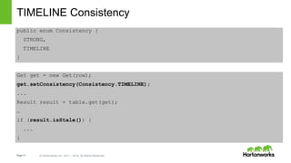 Page17 © Hortonworks Inc. 2011 – 2014. All Rights Reserved
TIMELINE Consistency
public enum Consistency {
STRONG,
TIMELINE
}
Get get = new Get(row);
get.setConsistency(Consistency.TIMELINE);
...
Result result = table.get(get);
…
if (result.isStale()) {
...
}
 