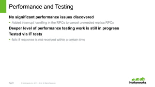Page30 © Hortonworks Inc. 2011 – 2014. All Rights Reserved
Performance and Testing
No significant performance issues discovered
 Added interrupt handling in the RPCs to cancel unneeded replica RPCs
Deeper level of performance testing work is still in progress
Tested via IT tests
 fails if response is not received within a certain time
 