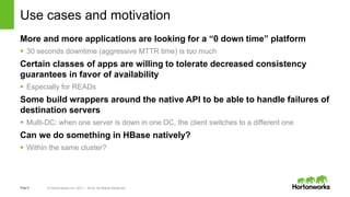 Page8 © Hortonworks Inc. 2011 – 2014. All Rights Reserved
Use cases and motivation
More and more applications are looking for a “0 down time” platform
 30 seconds downtime (aggressive MTTR time) is too much
Certain classes of apps are willing to tolerate decreased consistency
guarantees in favor of availability
 Especially for READs
Some build wrappers around the native API to be able to handle failures of
destination servers
 Multi-DC: when one server is down in one DC, the client switches to a different one
Can we do something in HBase natively?
 Within the same cluster?
 