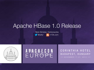 Apache	
  HBase	
  1.0	
  Release	
  
Nick	
  Dimiduk,	
  Hortonworks	
  
	
  	
  	
  	
  	
  	
  @xefyr	
  	
  	
  	
  	
  	
  	
  	
  n10k.com	
  
February	
  20,	
  2015	
  
 