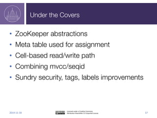 Under	
  the	
  Covers	
  
•  ZooKeeper	
  abstrac_ons	
  
•  Meta	
  table	
  used	
  for	
  assignment	
  
•  Cell-­‐based	
  read/write	
  path	
  
•  Combining	
  mvcc/seqid	
  
•  Sundry	
  security,	
  tags,	
  labels	
  improvements	
  
 