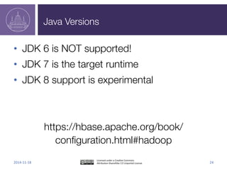 Java	
  Versions	
  
•  JDK	
  6	
  is	
  NOT	
  supported!	
  
•  JDK	
  7	
  is	
  the	
  target	
  run_me	
  
•  JDK	
  8	
  support	
  is	
  experimental	
  
	
  
	
  
hips://hbase.apache.org/book/conﬁgura_on.html#hadoop	
  
 