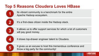 Top 5 Reasons Cloudera Loves HBase
Its vibrant community is a benchmark for the entire
Apache Hadoop ecosystem.
It’s a first-class citizen inside the Hadoop stack.
It allows us to offer support services for which a lot of customers
will pay good money.
It draws top-drawer engineer talent to Cloudera.
It gives us an excuse to host this tremendous conference and
throw a big party for the community!
1
2
3
4
5
 