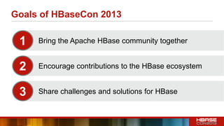 Goals of HBaseCon 2013
Bring the Apache HBase community together
Encourage contributions to the HBase ecosystem
Share challenges and solutions for HBase
1
2
3
 