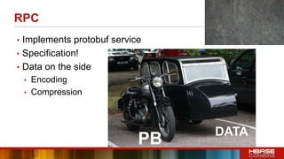 RPC
• Implements protobuf service
• Specification!
• Data on the side
• Encoding
• Compression
PB DATA
 